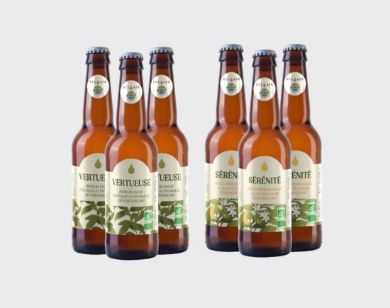 Le pack “Blanches” contient : 3 Vertueuse, bières blanches à l’hydrolat de verveine citronnée bio du Gard 3 Sérénité, bières blanches à l’eau de fleurs d’oranger bio.